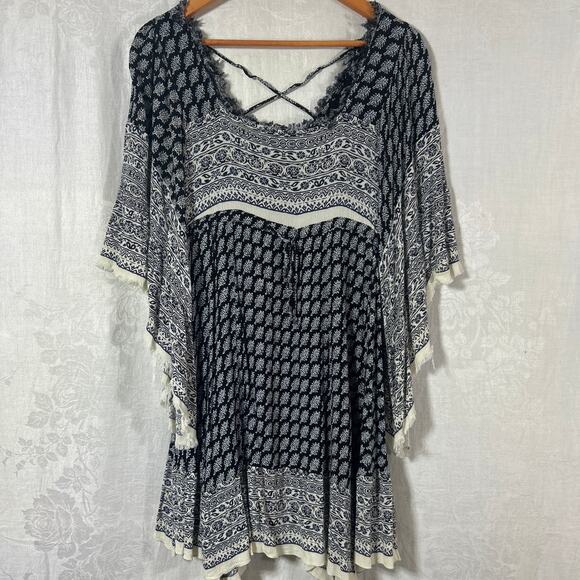 Free People Mini Dress Small PETITE Black Blue Flare Sleeve Fringe Heart of Gold - Picture 1 of 12